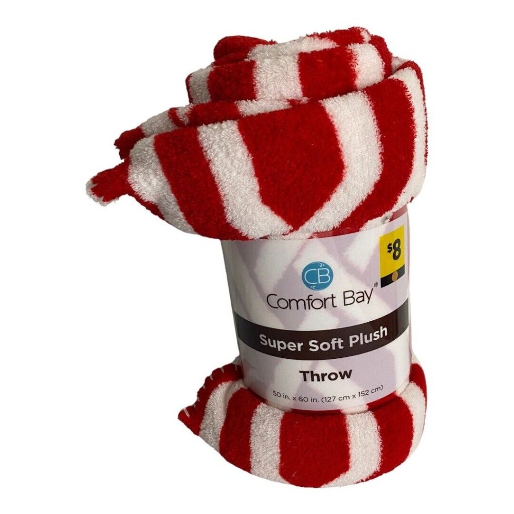 Comfort Bay Fleece Throw 50” x 60” Red & White Stripes Blanket NEW